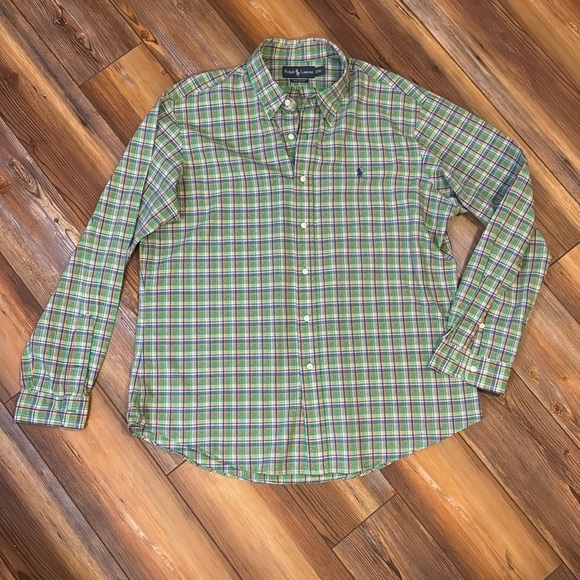 Ralph Lauren Custom Fit Plaid Shirt XL – Green & Navy with Orange - Picture 5 of 6